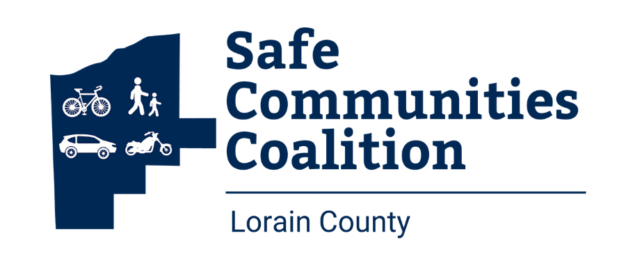 Safe Communities Coalition logo with bicycle, pedestrian, car, motorcycle within Lorain County 