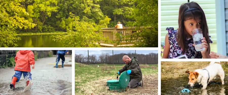 a collage of photos of a river with someone fishing, children playing in a puddle, inspecting sewage treatment system, dog playing in pond, girl drinking a glass of ice water