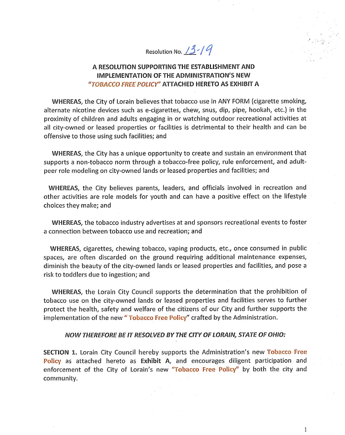 Page 1 of City of Lorain Tobacco-free Policy