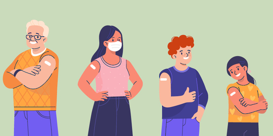 4 people standing with rolled up sleeves wearing a band aid on one arm