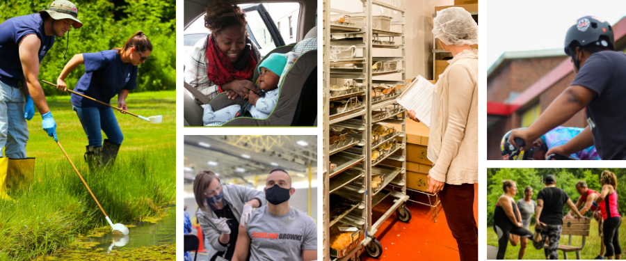 Photos of: a young white male and young white female collecting mosquito samples, a black mom with her baby in a car seat, a hispanic man getting the COVID-19 vaccine, a white female sanitarian inspec