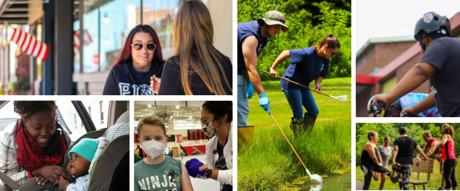 Photos of: a young white male and young white female collecting mosquito samples, a black mom with her baby in a car seat, a hispanic man getting the COVID-19 vaccine, a white female sanitarian inspec