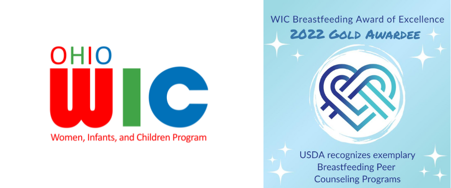 The Ohio WIC logo paired with a blue square congratulating Lorain County WIC on receiving the USDA gold award