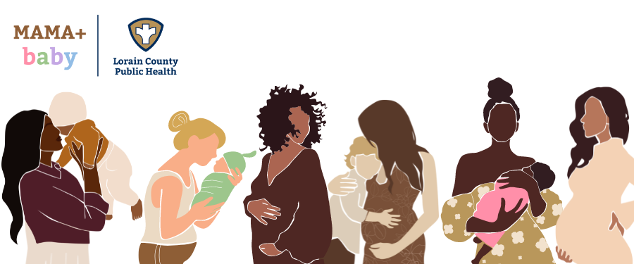 Mama + baby next to the Lorain County Public Health shield shaped logo. 7 Illustrated graphics of mothers.