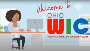 the words "Welcome to WIC" with a cartoon of a black professional woman sitting at a desk typing