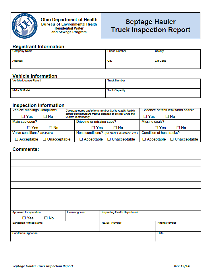 Septage Hauler Vehicle Inspection form
