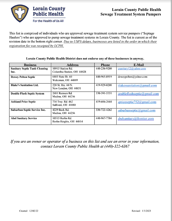 list of Sewage Treatment System Pumpers