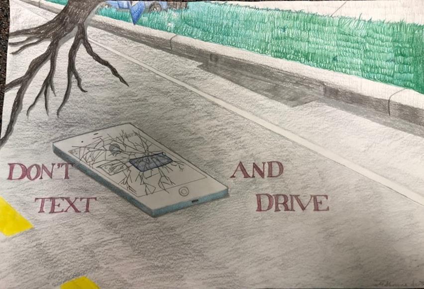 an illustration of a cracked phone lays on the roadway with the words "don't text and drive" next to a car crash