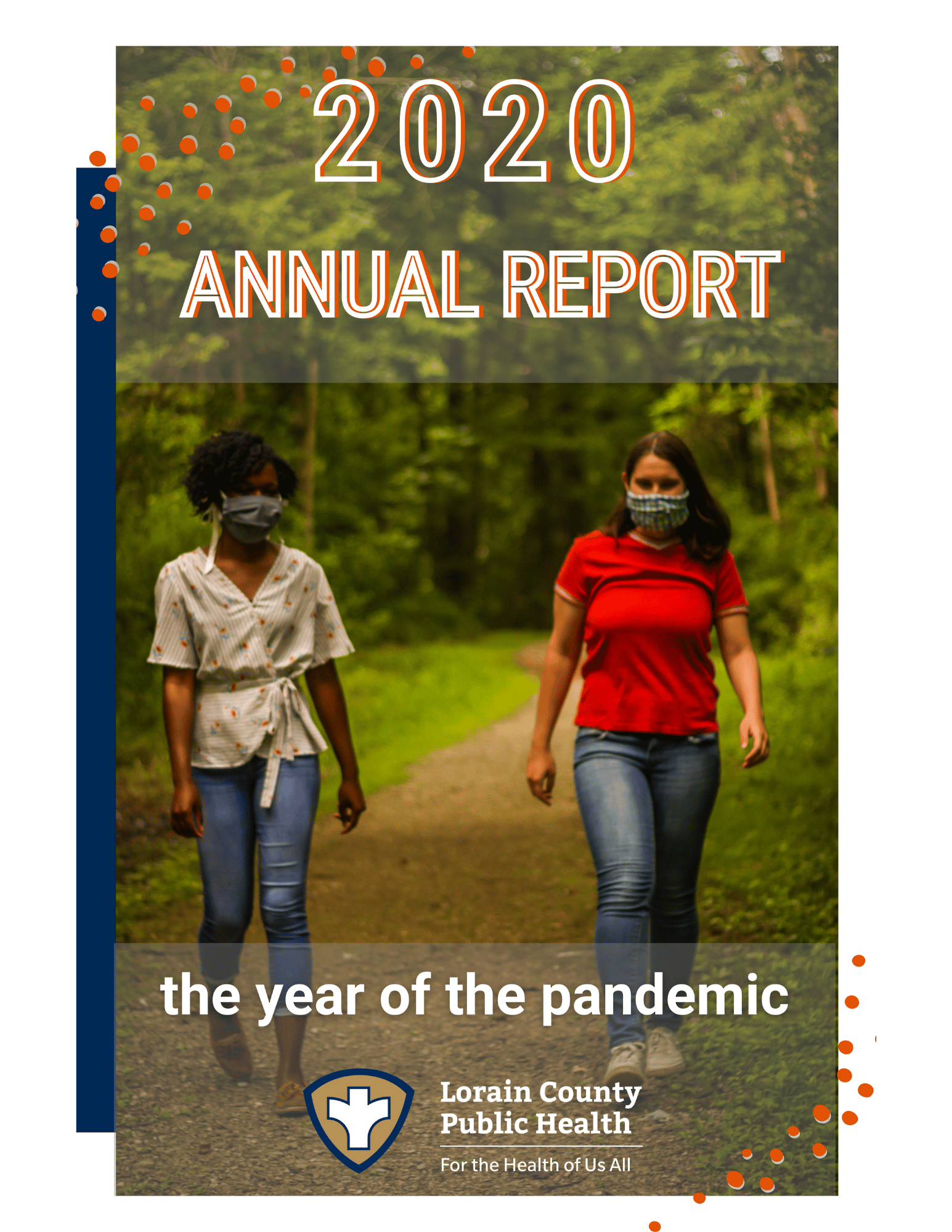 Title: 2020 Annual report: the year of the pandemic. Photo of two masked women walking down a woodland path