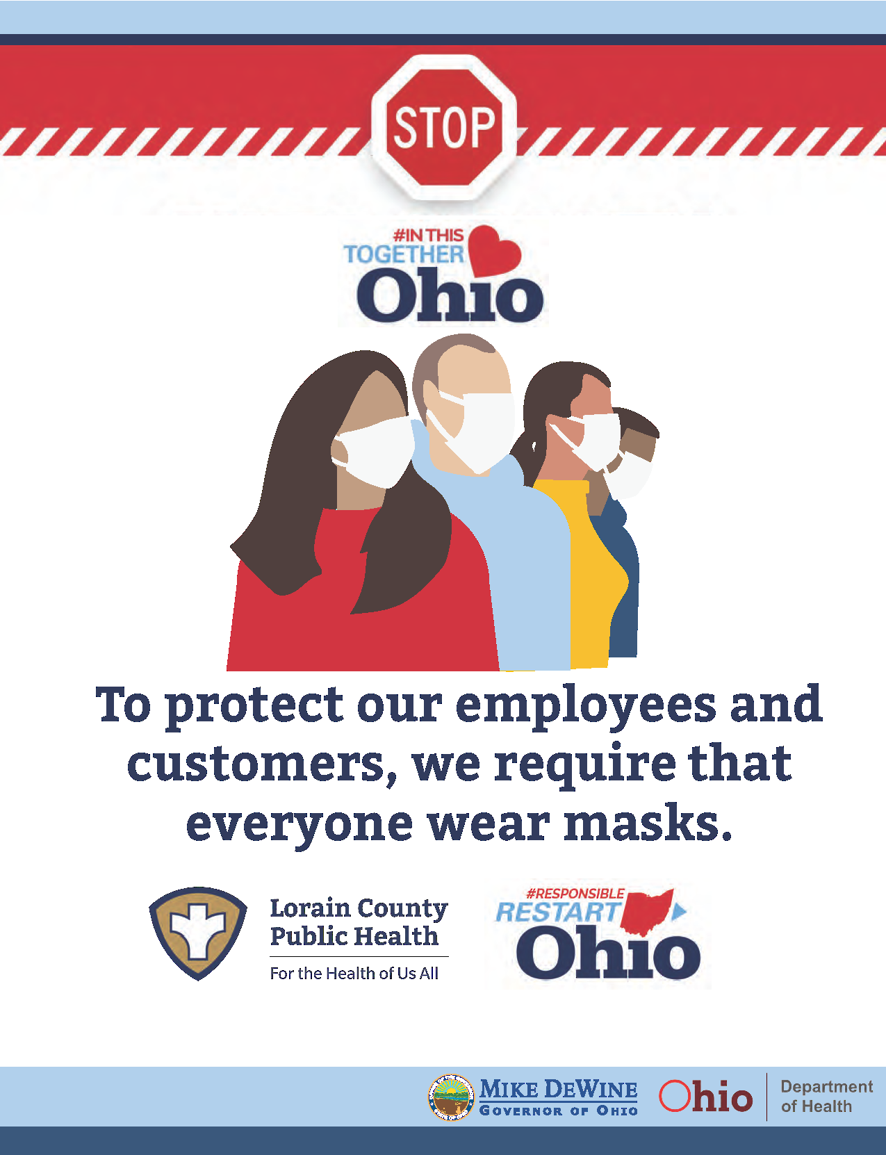 A cartoon image of people wearing masks with the text "To protect our employees and customers, we require that everyone wear masks"