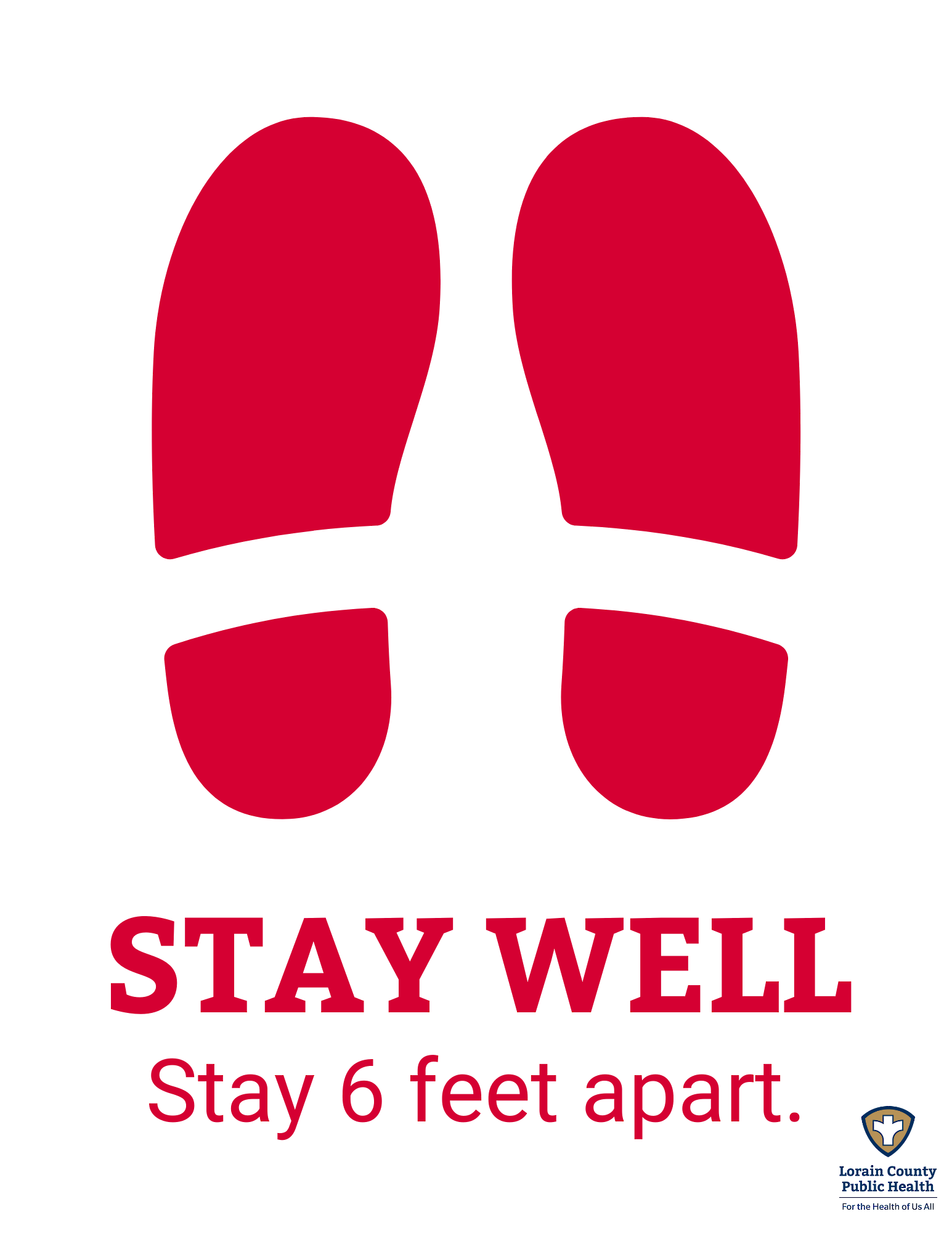 An imprint of two shoes with the caption "Stay well. Stay 6 feet apart."