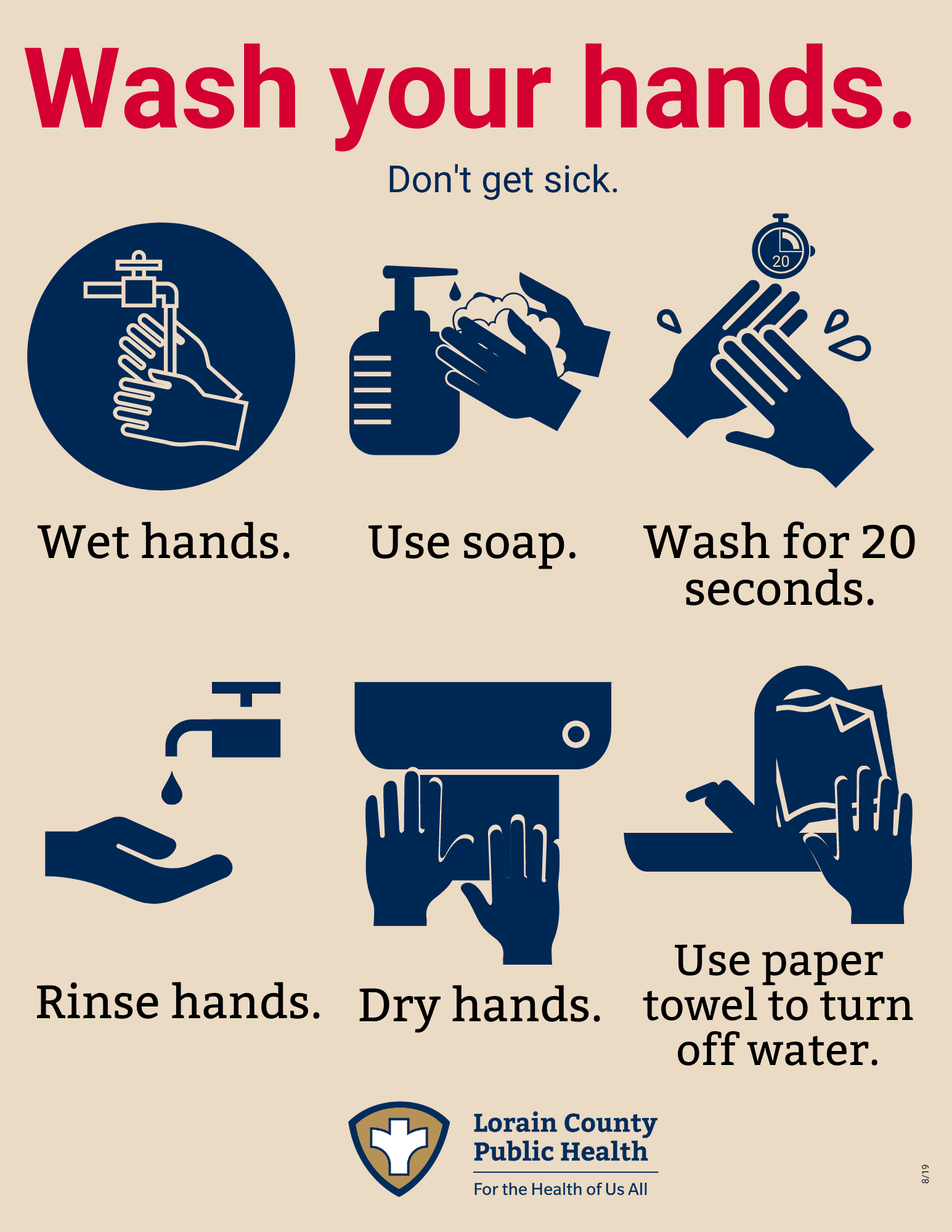 Wash your hands. Don't get sick. Wet hands. Use soap. Wash for 20 seconds. Rinse hands. Dry hands. Use paper towel to turn off water."